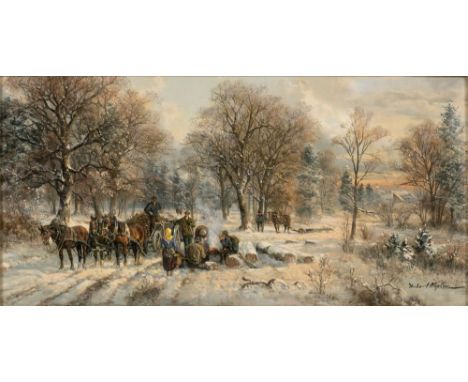 Hubert Kaplan (München 1940). Winterwald. Öl/Lw./Holz. 15 x 30 cm. R. u. sign. Hubert Kaplan, verso über Fragment eines Gelds