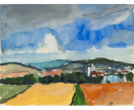 Klaus Fußmann (Velbert 1938). Bei Obermarchtal - Blick auf Neuburg. 1996. Aquarell und blauer Stift. 41,5 x 55 cm. R. u. sign