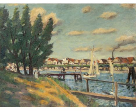 Ulrich Hübner (Berlin 1872 - Neubabelsberg 1932). Fischerhäuser an der unteren Trave. 1919. Öl/Lw./Karton. 61 x 79 cm. L. u. 