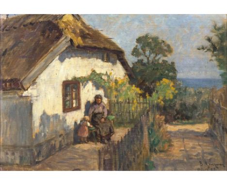 Berthold Genzmer (Boggusch/Westpreußen 1858 - Königsberg 1927). Sommertag im Garten des Fischers. Öl/Hartfaser, 36 x 49 cm, r