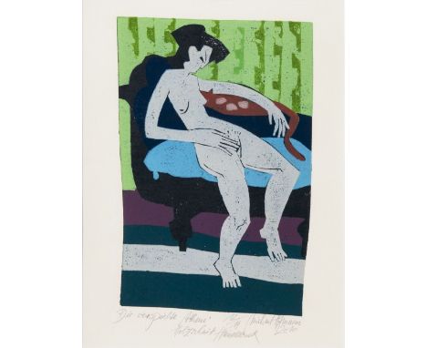 Michael Hofmann (Chemnitz 1944). Die verspielte Athene. Farbholzschnitt. 33,5 x 21,5 cm. R. u. mit Bleistift sign. und dat. M
