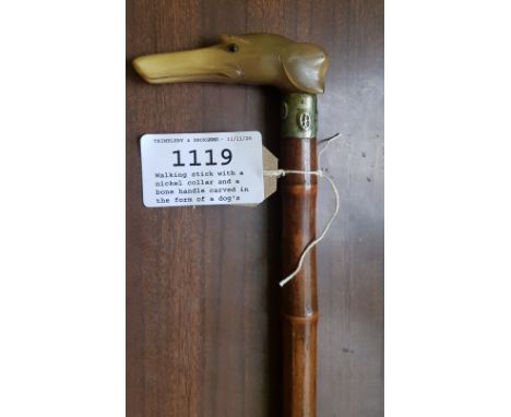 Walking stick with a nickel collar and a bone handle carved in the form of a dog's head.&nbsp; Estimate £50-60&nbsp;