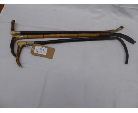 3 hunting crops - a leather hunting crop with horn handle and a button inscribed Swaine &amp; Adeney, London along with a sil