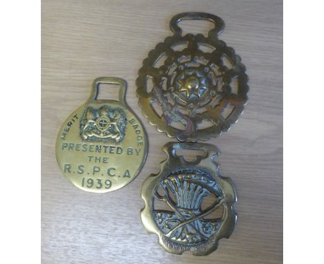 3 brasses - a wheatsheaf with fork and scythe and an RSPCA Merit Badge 1939, 'KB' on reverse, both cast, and a stamped brass 