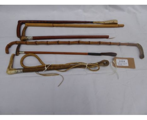 6 hunting crops - one with silver collar inscribed G.J. Zair, makers, London with antler handle (stem has been sawn in half);