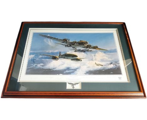 Combat Over the Reich WWII multi signed print 38x28 inch framed and mounted signed in pencil by the artist Robert Taylor, Obe