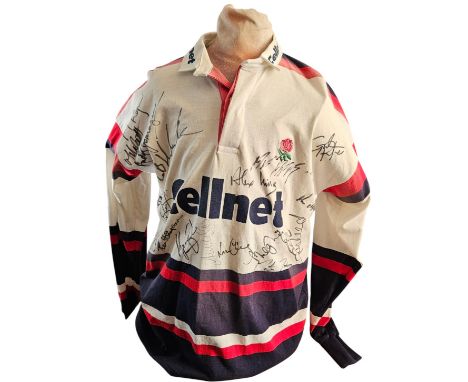 Rugby Shirt Cellnet signed Signatures such as Mike Tindall, Martin Johnson, Alex King, Mark Regan, Tim Stimpson and others Ru