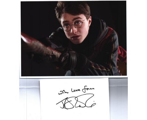 J.K Rowling signed 6x4inch white card with accompanying 8x6inch Harry Potter colour photo. Good condition. All autographs com