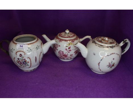 Three antique late 18th porcelain teapots each having hand decorated enamel scenes and historic repairs
