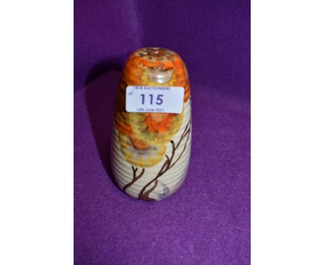 An art deco sugar sifter by Clarice Cliff Newport pottery decorated with traditional landscape and flowers in orange and yell