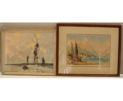 J Alphege Brewer (1881-1946) Lake Lugano signed in margin woodcut print c1930 measures 56cm by 44cm &amp; Alexandre Jacob Lak
