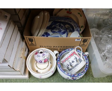 Box of assorted Ceramics to include 19thC Staffordshire Loving cup 'The Real Cabinet of Friendship, Justice &amp; Equity' etc