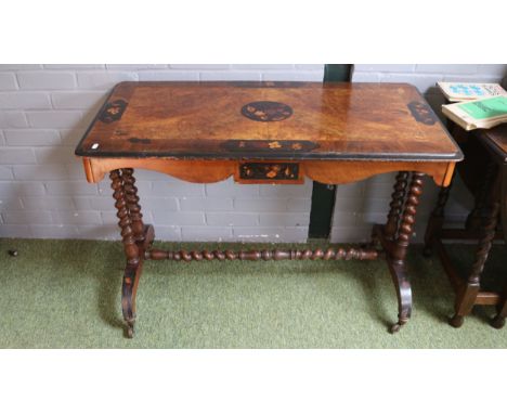 19thC Victorian Inlaid Marquetry Inlaid Walnut Console table with barley twist supports and brass casters