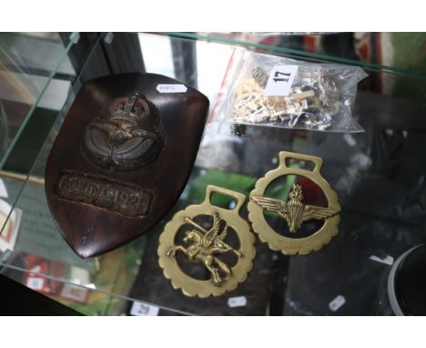 RAF Boxing 1921 Shield and 2 Brass Military Horse brasses and assorted Cap Badges 
