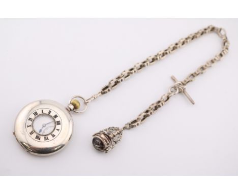 J W Benson Half Hunter Silver Pocket watch with Silver watch chain and fob 