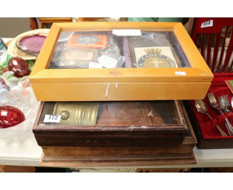 4 Counter top glazed cases with assorted bygones to include cigarette boxes, Leather Gun holster etc.
