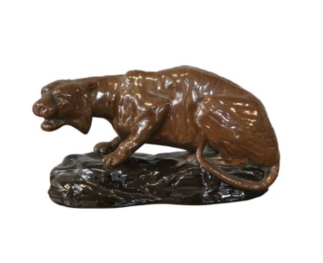 Rare Bretby Art Pottery Tiger figure on glazed stone naturalistic base stamped mark to base 2281. 19cm in Length 