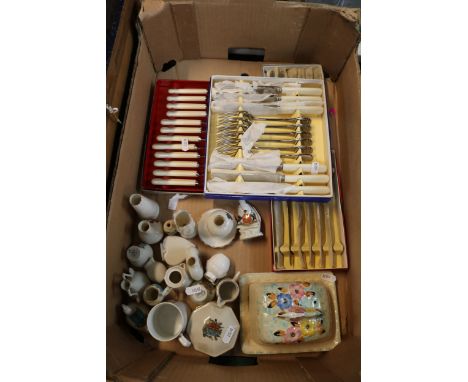 Collection of assorted Crested ware, boxes of Flatware and a Arthur wood Cheese dish with cover