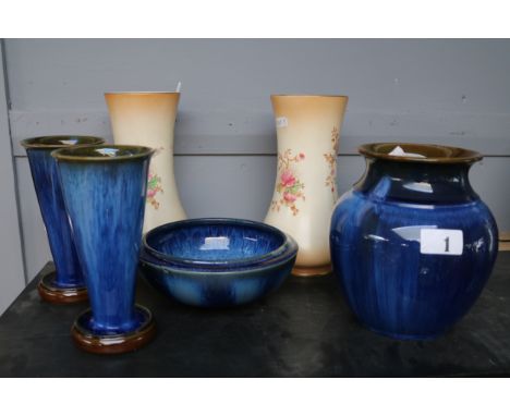 Collection of Bourne Denby Blue glazed pottery and a Pair of Crown Devon Fieldings Floral decorated vases 