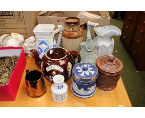 Doulton Stoneware embossed Jug, Wedgwood tobacco jar and assorted 19thC Pottery