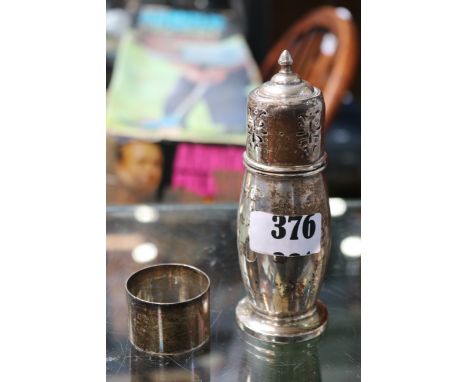 Silver Sugar Caster with weighted base Birmingham 1918 &amp; a Silver Napkin ring 160g total weight 