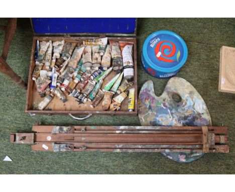 Windsor &amp; Newton Easel, Artists Palette and a large collection of Oil Paints in box