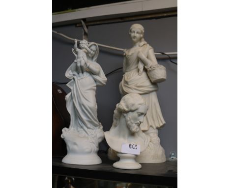 Collection of Parian figures to include Mary and Baby Jesus, Art Union of Great Britain figure stamped Turner figure of a wom