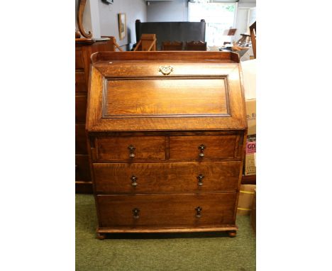 Late 19thc Victorian Oak Fall Front Bureau With Fitted Interior. Two Over Three Drawers.&nbsp;