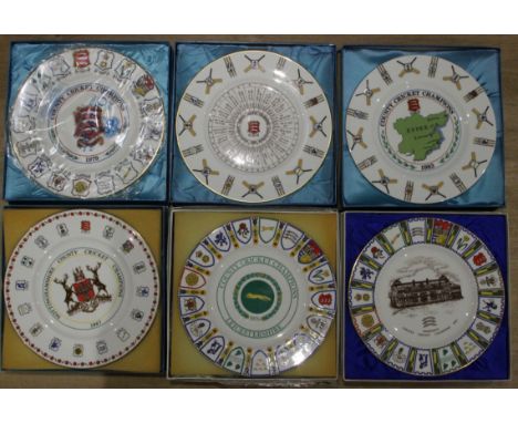 Six Coalport &amp; Royal Grafton Fine Bone China Boxed Cricket Commemorative Plates from the 1970's and 1980's featuring Midd