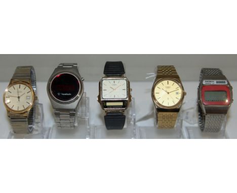 Five vintage wristwatches. Sekonda Quartz, ZETRON Quartz LC, CASIO Quartz AQ-450G, Vintage LAMBDA Electronics LCD Watch &amp;
