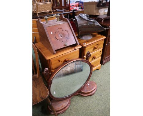 Edwardian wooden carved coal scuttle, Copper coal Helmet and a Victorian Oval table mirror