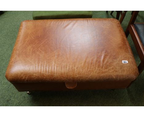 Vintage Tan Leather Country House Style Ottoman/Footstool on Turned Legs &amp; Brass Casters