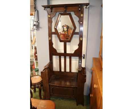 Oak 1920s Art Deco Umbrella Hall Stand with inset mirror &amp; bench seat