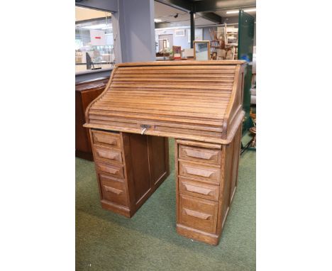 Antique Edwardian Lebus Inspired Oak Roll Top Pedestal Desk With Fitted Interior&nbsp;
