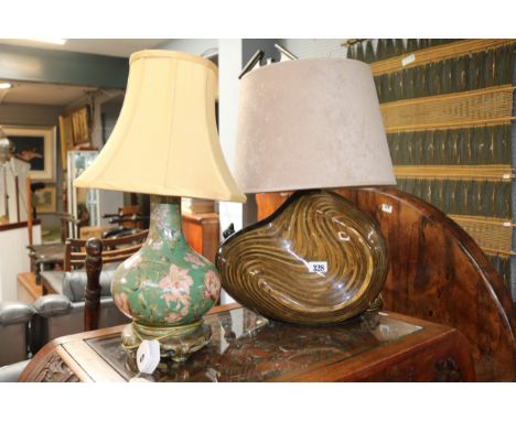 20thC Wooden based lamp and a Flora decorated Lamp base with Brass Chinese base 