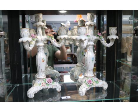 Pair of Dresden Hand painted 3 Branch Candelabra with mounted floral decorations. 37cm in Height 