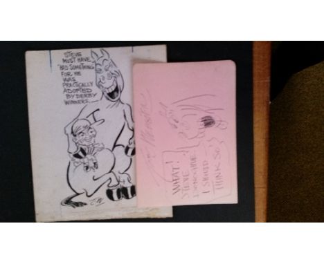 HORSE RACING, original ink sketches by Tom Webster, each referring to Steve Donoghue, one with horse's head on album page (fu