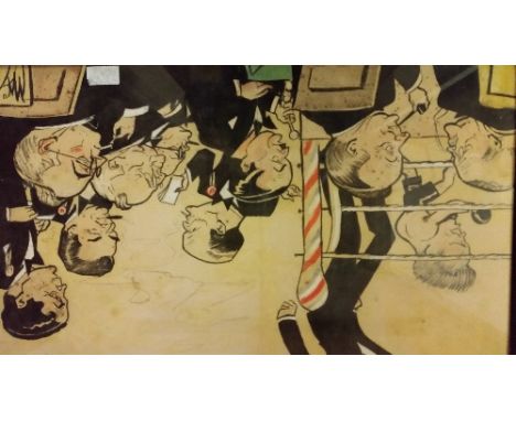 BOXING, ink sketch by MAC, showing caricatures of attendees at a 1930s Sportsman's Dinner, highlighted with colour, framed an