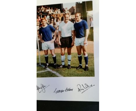 FOOTBALL, signed colour photo (8 x 10) by Alan Ball, George Cohen & Ray Wilson, full-length together for Everton & Tottenham 