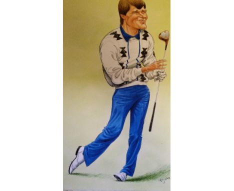 GOLF, large watercolour sketch showing Nick Faldo with driver, original artwork by Ireland, EX