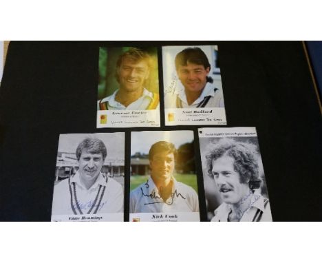 CRICKET, signed Cornhill cards, Fowler, Radford, Hemmings & Cook (A series); Larkins (B), a.c.m. (1), G to VG, 5