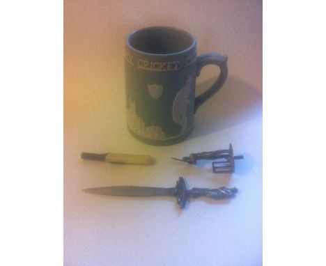 CRICKET, ceramics, inc. Jasperware mug for Worcs County Champions 1964; metal figure of a batsman in front of wicket; paper k