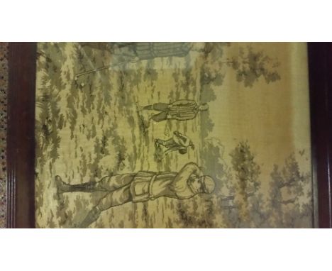 GOLF, an 18 x 18 Victorian tapestry showing several golfers on the course, in period oak frame, some sun-fading (uniformly 1"