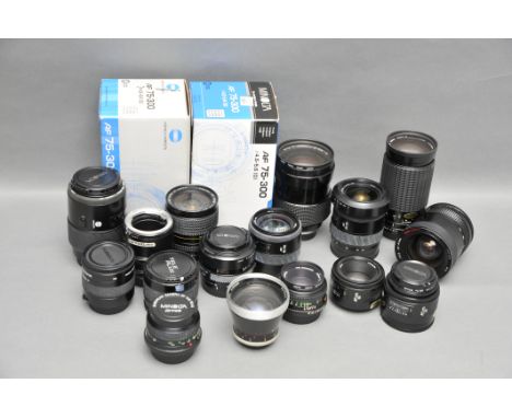 A Selection of Various Lenses, including Minolta AF f/1.7 50mm, Minolta AF f/2.8 28mm, Minolta AF f/4.5-5.6 75-300mm and more