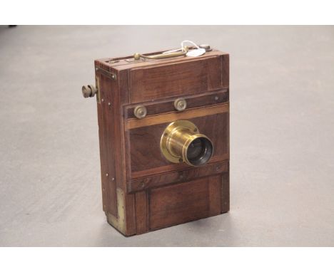 An Unmarked Continental Wooden Tailboard Camera, with Auzoux & Co. Rectilinear No.2 Waterhouse stop brass lens