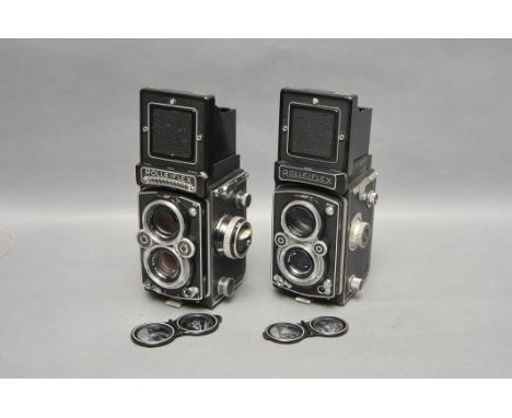 A Rollei Rolleiflex F3.5 TLR Camera, together with another Rolleiflex, both in maker's cases (2)Both shutters are working and