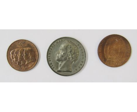 Medallions (3), white metal, Brunel left, rev Thames tunnel, bronze medallion of the generations of the royal family by Remin