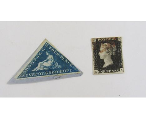 GB &amp; Br Empire: Penny black ‘SA’, 4 margin, red MC, and Cape triangular 4d blue amongst small mixed accumulation of QV-QE