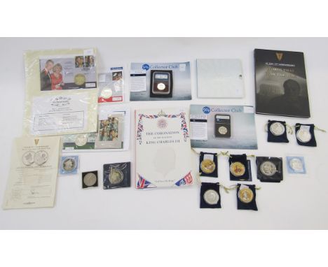 Collection (14) commemorative coins, (2) silver, Charles and Camilla first day cover with silver medal and Trooping of the Co