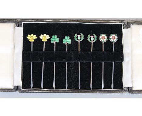 Cased silver and enamel pins 